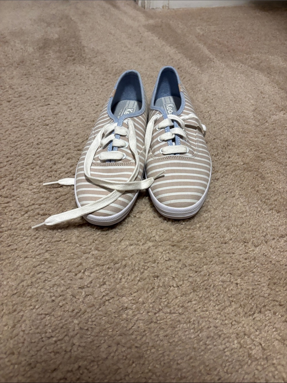 Keds Striped Canvas Sneakers in Beige, White and Light Blue Trim